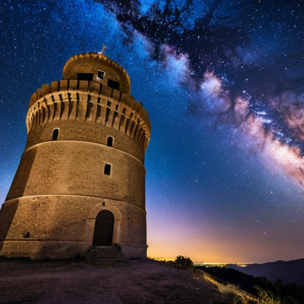**Image Prompt:** Wide-angle, long-exposure photograph of Guaita Tower at night. The Milky Way stretches across the sky, with numerous stars visible. A small blanket and a thermos are visible near the base of the tower. The image captures the historical architecture of the tower silhouetted against the starry sky. Use a color palette of deep blues, purples, and hints of gold.