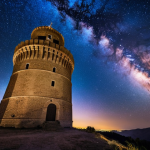 **Image Prompt:** Wide-angle, long-exposure photograph of Guaita Tower at night. The Milky Way stretches across the sky, with numerous stars visible. A small blanket and a thermos are visible near the base of the tower. The image captures the historical architecture of the tower silhouetted against the starry sky. Use a color palette of deep blues, purples, and hints of gold.