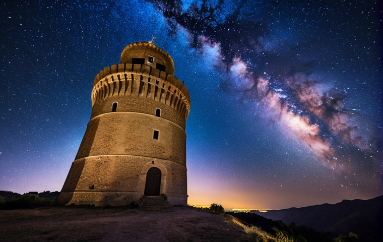 **Image Prompt:** Wide-angle, long-exposure photograph of Guaita Tower at night. The Milky Way stretches across the sky, with numerous stars visible. A small blanket and a thermos are visible near the base of the tower. The image captures the historical architecture of the tower silhouetted against the starry sky. Use a color palette of deep blues, purples, and hints of gold.
