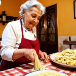 **

A warmly lit, family-run trattoria in San Marino. An older woman, presumably the Nonna, is hand-rolling pasta dough in the background. In the foreground, a plate of freshly made strozzapreti with a rich ragu sauce is ready to be served. The scene should evoke a feeling of rustic charm and authentic Italian cooking. Focus on the warm colors and inviting atmosphere.

**