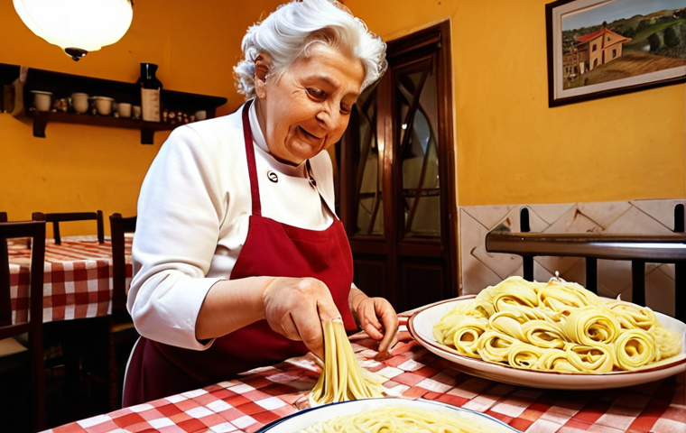 **
A warmly lit, family-run trattoria in San Marino. An older woman, presumably the Nonna, is hand-rolling pasta dough in the background. In the foreground, a plate of freshly made strozzapreti with a rich ragu sauce is ready to be served. The scene should evoke a feeling of rustic charm and authentic Italian cooking. Focus on the warm colors and inviting atmosphere.
**