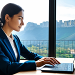 A professional female entrepreneur in a modest business suit, sitting comfortably at a sleek desk in a sunlit modern office. Through a large window, a picturesque view of ancient, medieval-style fortresses atop a mountain (evoking Mount Titano) is visible in the background. She is focused, gently touching a holographic display that shows complex digital code and blockchain patterns. The scene emphasizes innovation blending with heritage. Perfect anatomy, correct proportions, natural pose, well-formed hands, proper finger count, professional photography, high quality, fully clothed, appropriate attire, safe for work, modest.