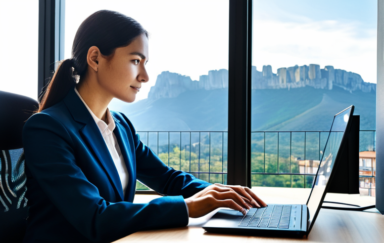 A professional female entrepreneur in a modest business suit, sitting comfortably at a sleek desk in a sunlit modern office. Through a large window, a picturesque view of ancient, medieval-style fortresses atop a mountain (evoking Mount Titano) is visible in the background. She is focused, gently touching a holographic display that shows complex digital code and blockchain patterns. The scene emphasizes innovation blending with heritage. Perfect anatomy, correct proportions, natural pose, well-formed hands, proper finger count, professional photography, high quality, fully clothed, appropriate attire, safe for work, modest.