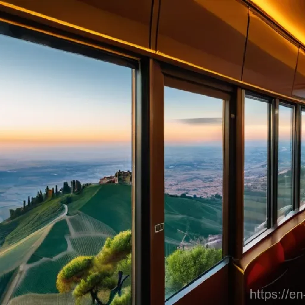 산마리노 대중교통 정보 - **"Golden Hour Ascent on the San Marino Funivia"**
A modern, sleek cable car cabin, with large, ...