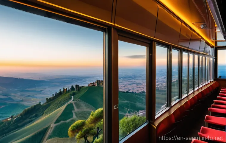 산마리노 대중교통 정보 - **"Golden Hour Ascent on the San Marino Funivia"**
A modern, sleek cable car cabin, with large, ...