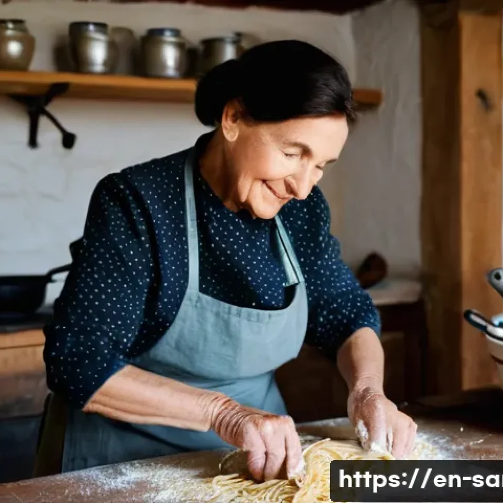 산마리노 음식 문화 - **Prompt:** A cozy, rustic Sammarinese kitchen bathed in warm, natural light. An elderly woman, with...