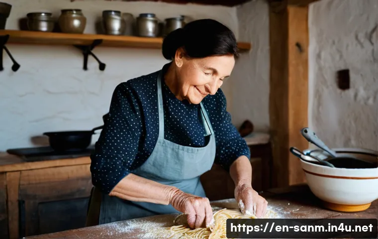 산마리노 음식 문화 - **Prompt:** A cozy, rustic Sammarinese kitchen bathed in warm, natural light. An elderly woman, with...