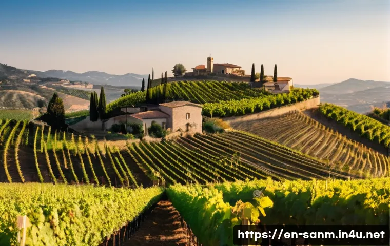 산마리노 와이너리 및 로컬 음식 - A panoramic vineyard landscape in San Marino during golden hour, featuring gently rolling hills cove...