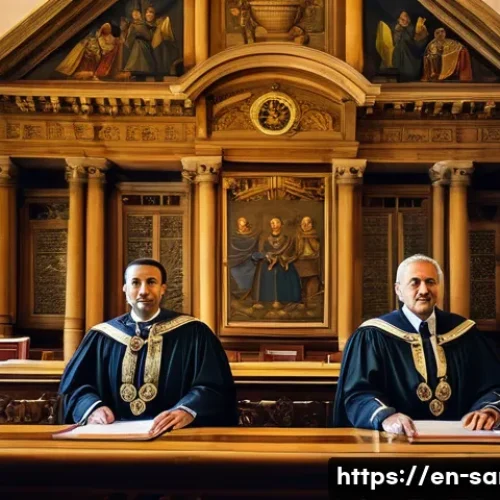 Home 31 산마리노에서 유명한 정치가 및 리더 - A detailed scene inside San Marino’s historic government chamber showing two Captains Regent in form...
