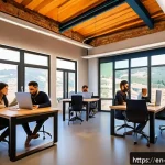 Home 18 산마리노에서의 비즈니스 기회 및 창업 지원 - A modern coworking space in San Marino filled with diverse young entrepreneurs collaborating enthusi...