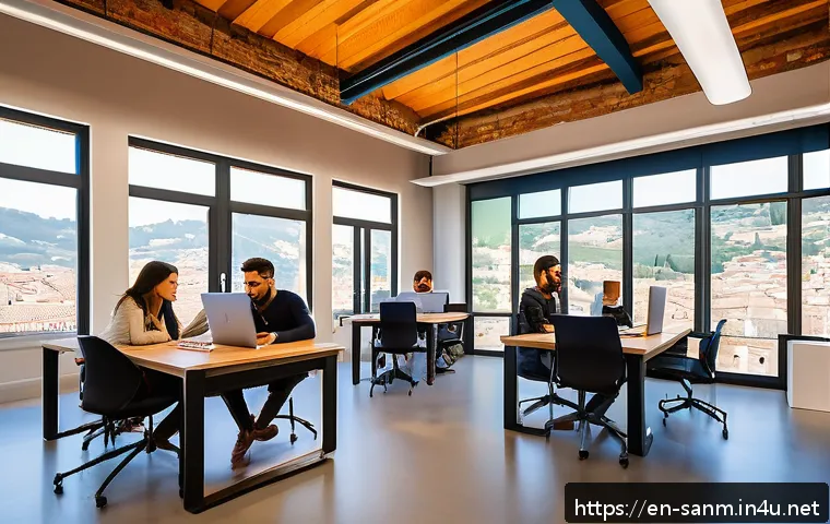 산마리노에서의 비즈니스 기회 및 창업 지원 - A modern coworking space in San Marino filled with diverse young entrepreneurs collaborating enthusi...