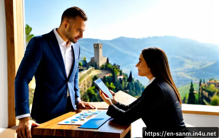 산마리노에서의 사업 기회 - Photorealistic business meeting in a bright modern office overlooking the medieval stone towers and ...