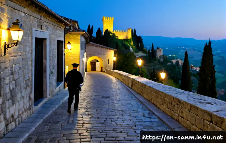 산마리노 치안 및 안전 문제 - Photorealistic early-evening street scene in San Marino’s historic hilltop old town, a calm solo tra...