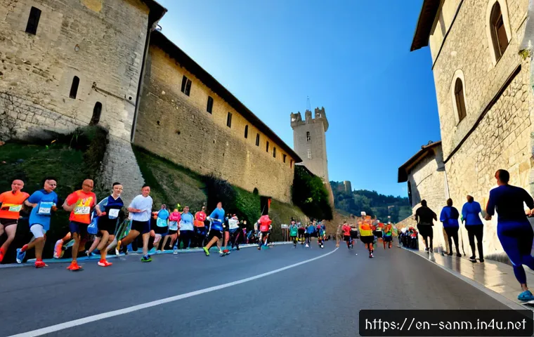 산마리노에서 열리는 주요 마라톤 및 스포츠 이벤트 - Photorealistic wide-angle scene of a major road marathon in San Marino, diverse adult runners in mod...