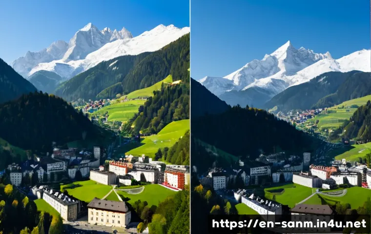 산마리노의 경제와 리히텐슈타인 비교 - Photorealistic split-screen economic comparison: a sunlit historic hillside city with pale stone tow...