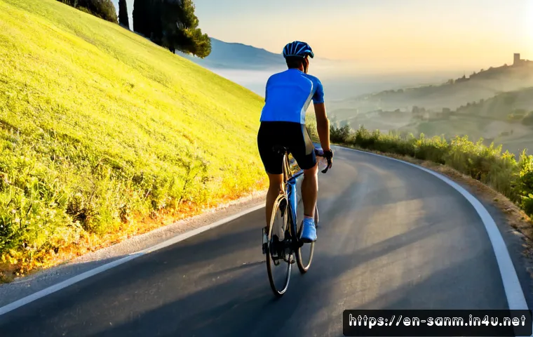 산마리노에서의 스포츠 및 레저 활동 - Photorealistic early-morning road cycling in San Marino, an athletic adult cyclist wearing a helmet ...