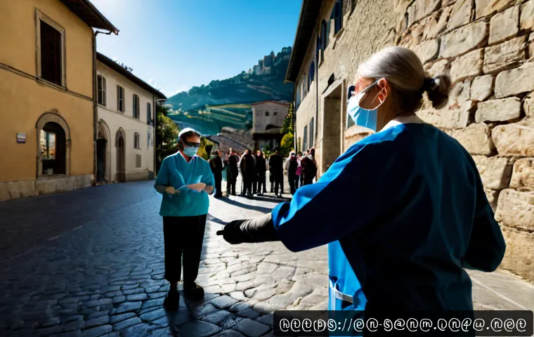 Home 17 산마리노의 코로나19 대응 - Photorealistic public health scene in San Marino, a masked healthcare worker at an outdoor mobile va...